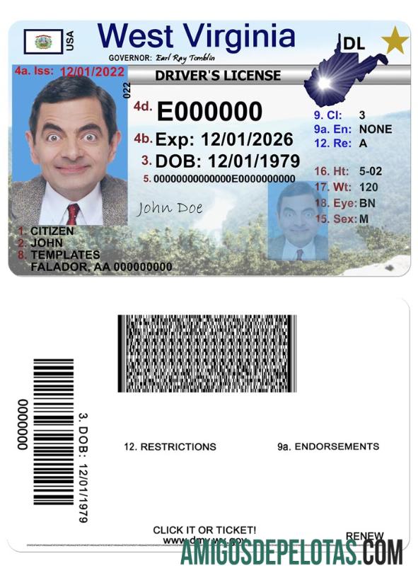 Carteira de motorista da Virgínia Ocidental dos EUA baixar para verificação